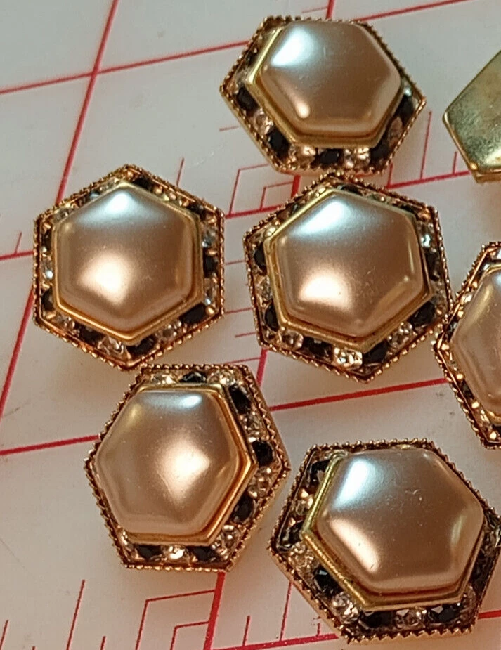 5 Fine Vintage Czech Shank Button Hexagon Pearl Tiny Rhinestones Clear Blue 3/4" - Image 3 of 4