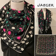JAEGER Silk Crepe Black Combo Floral Scarf 82x82cm Handroll Hems,Made in Italy