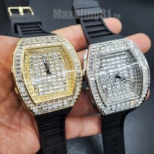 Men Watch Iced Bling Rapper Baguette Stone Silicone Band Luxury Fashion Hip Hop