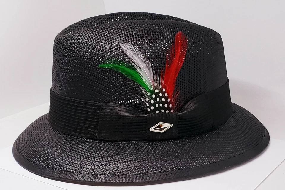 Мужской классический черный lowrider центр складки шляпа fedora зеленый красный белый петух - Изображение 2 из 3