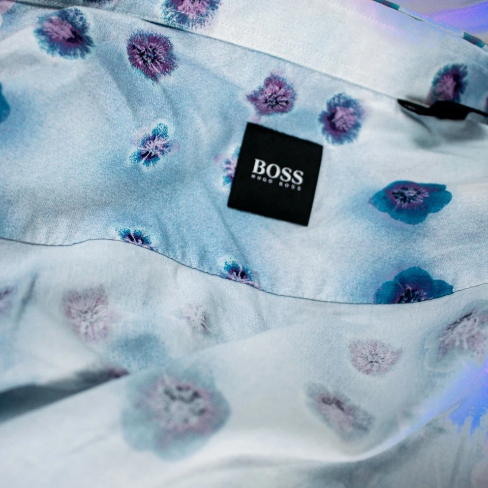 HUGO BOSS Blue Purple LavenderTurquoise Floral Cotton Men Shirt Size M - Image 2 of 4