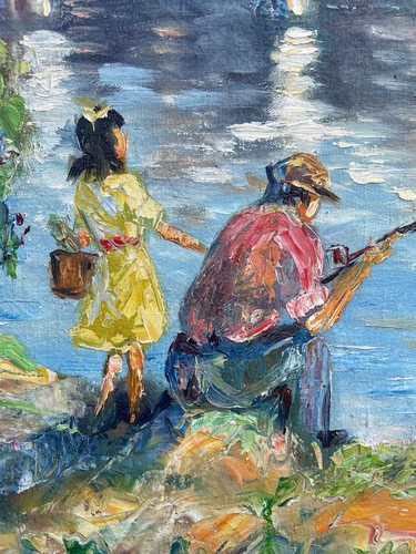 Oil Painting Expressionist Summer Day Fisher At Riverside Boats Bridge Lock City - Picture 8 of 14