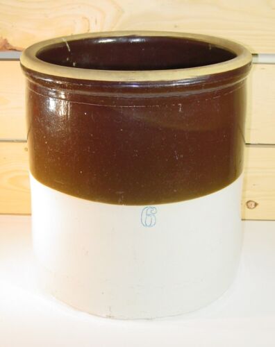 Antique Large Stoneware Crock 6 Gallon Size Brown and White Very Heavy - Afbeelding 1 van 8