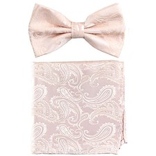 New Brand Q men's pre-tied bow tie hankie set paisley micro fiber formal peach