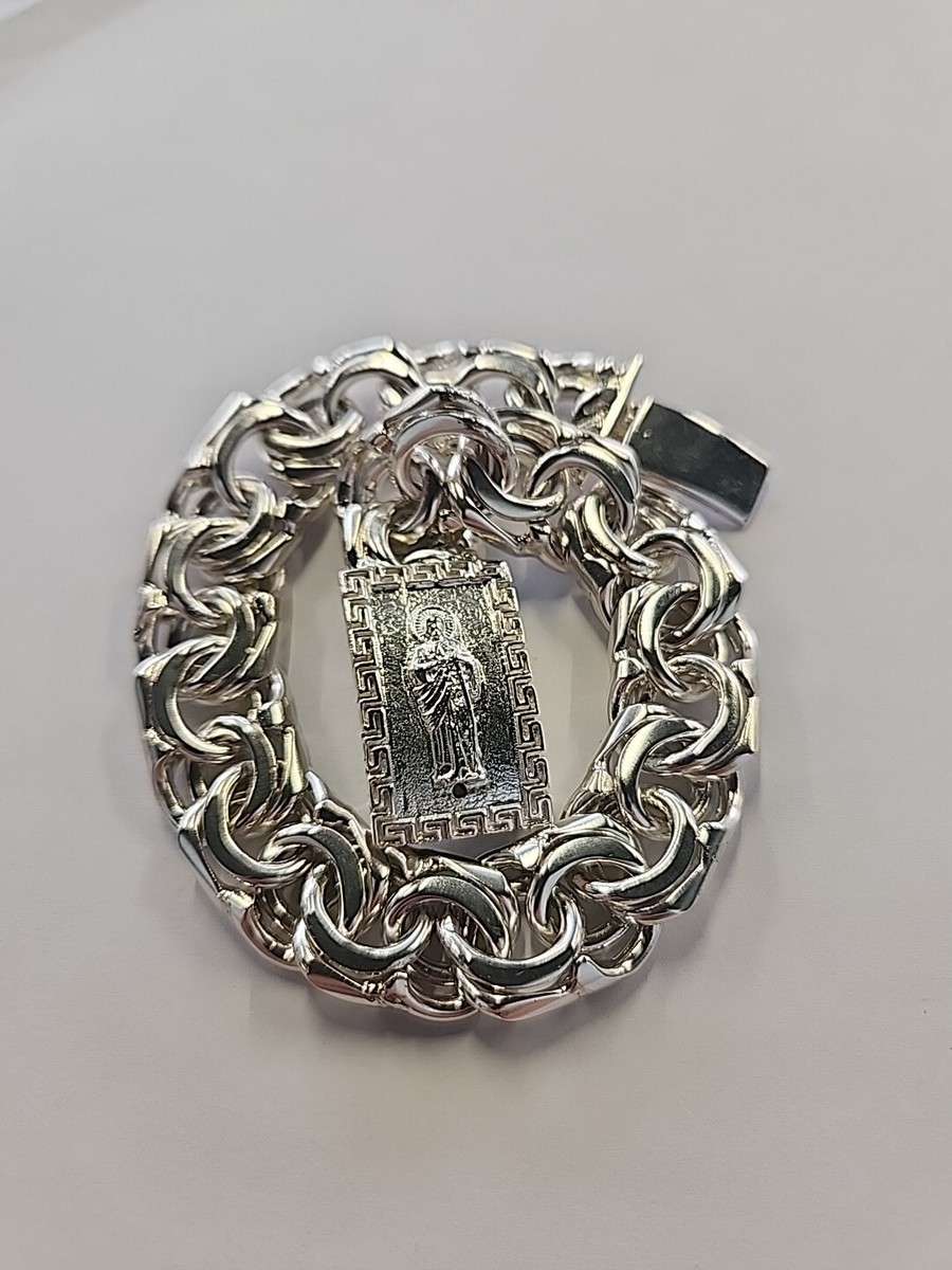 925 Sterling Silver Chino Link Bracelet W/ Santa Jude And Versace