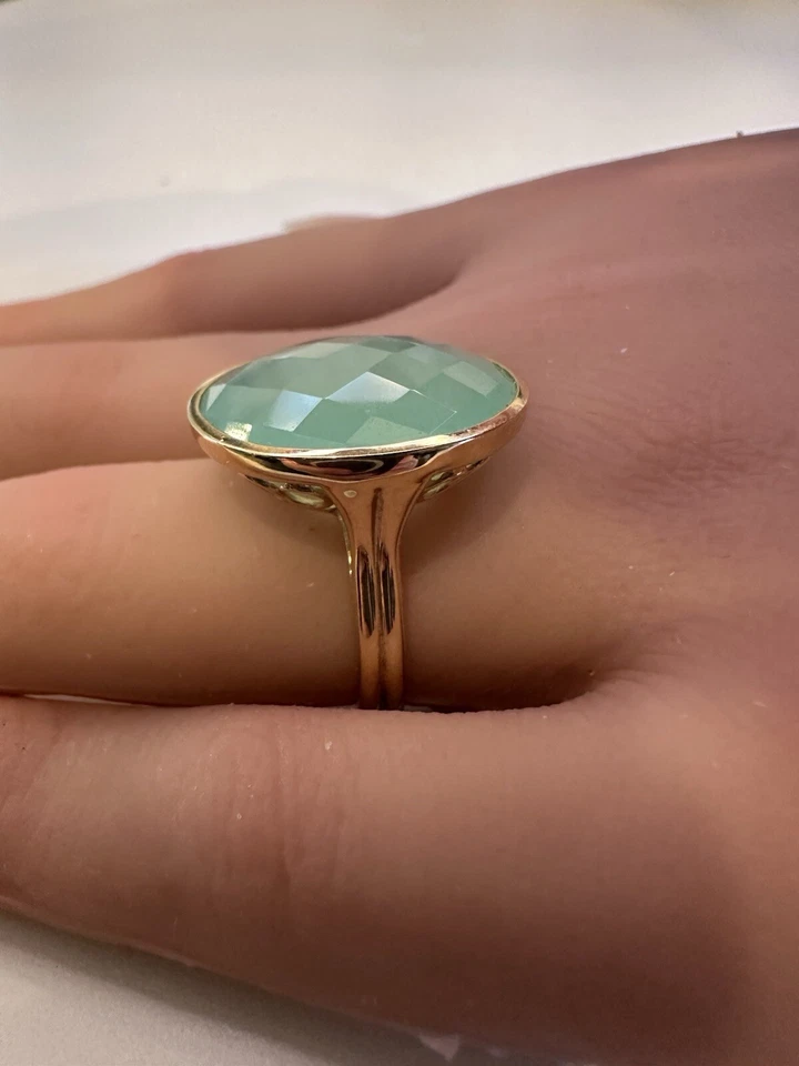 Anillo llamativo estilo vintage calcedonia aguamarina oro amarillo 14k Doves Classics Foto 3 de 4