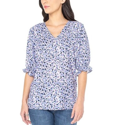 Well Worn Ladies' Plus Size 2X V-Neck Blouse, Blue Print