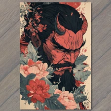Art Print Angry Demon Horns Intense Look Red Face Black Beard Flower Art