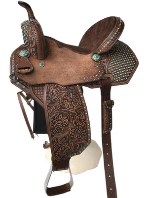 Leather Handmade Saddle Western Barrel Horse Racing Tooled Trail Tack Equestrian
