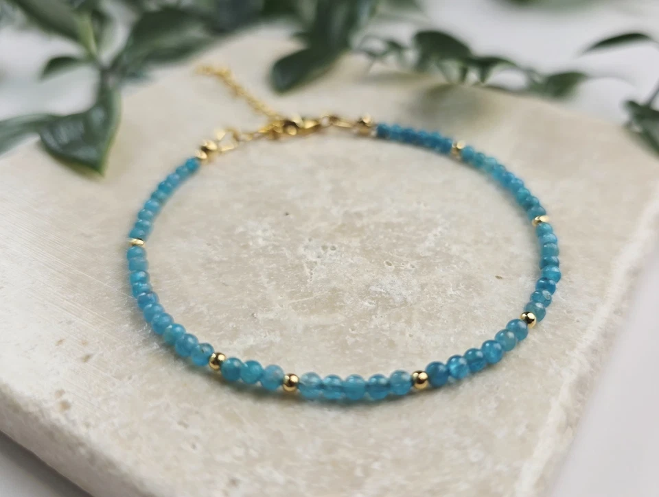 Pulsera de piedras preciosas azul apatita de 2 mm, relleno de oro o plata 925, joyería de cristal Foto 4 de 4