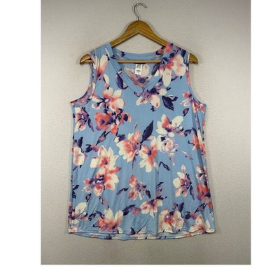 Floral Boho Heimish USA Womens Medium Blue Pink V-Neck Sleeveless Shell Tank Top