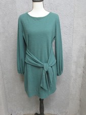 R Vivimos Sweater Dress Women L Green Tie Waist Balloon Sleeve Knit Mini Coastal