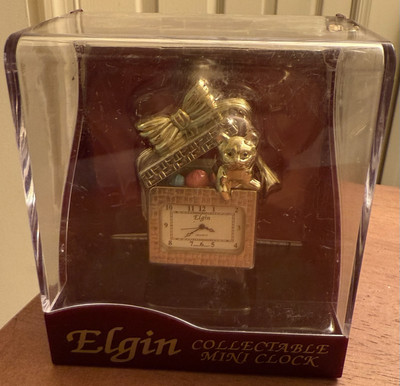 Elgin Gold Kitty Cat In Present Gift Box With Bow Mini Clock In Case