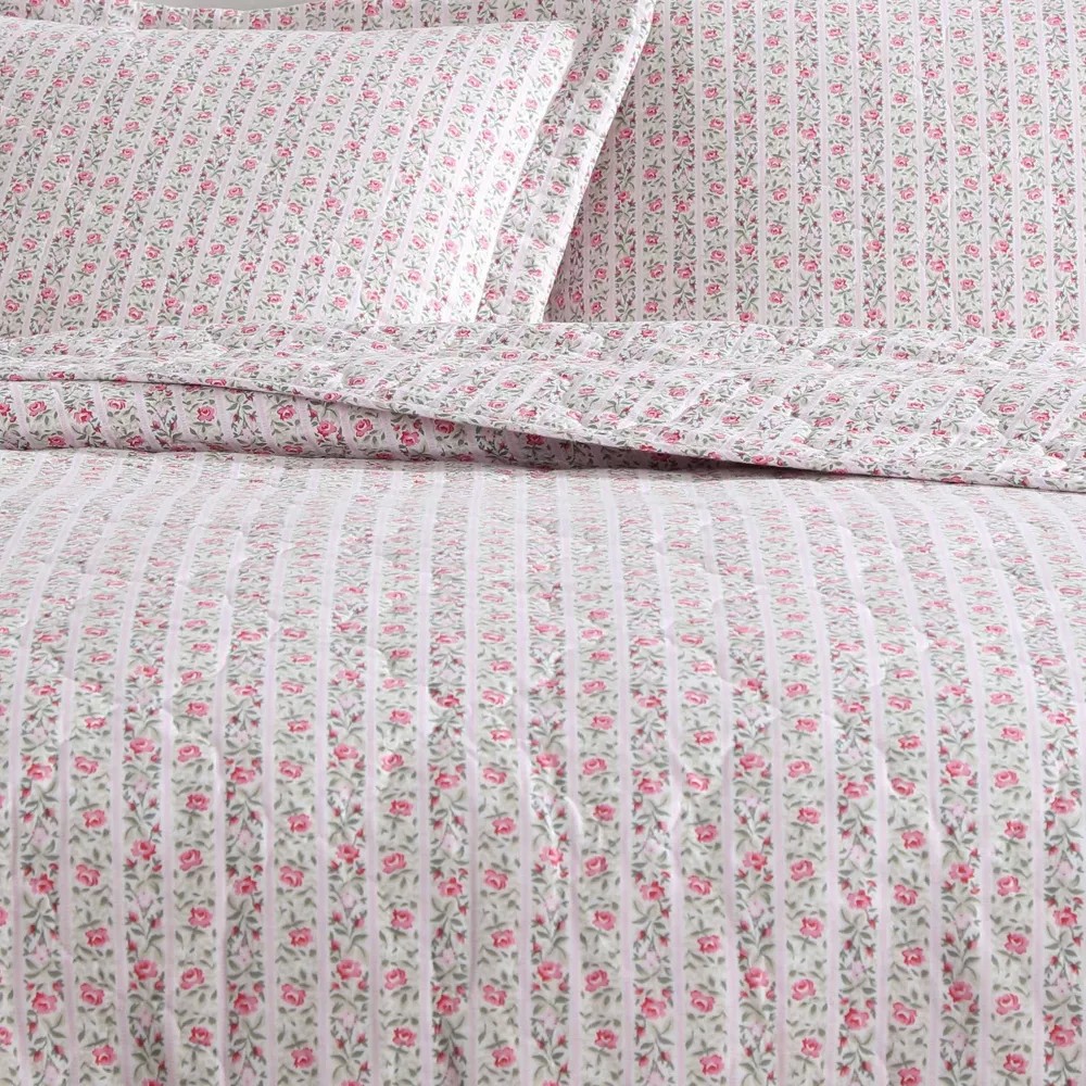 Laura Ashley Marta Pink & Green Rose Floral Striped Cotton Twin QUILT SET