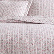 Laura Ashley Marta Pink & Green Rose Floral Striped Cotton Twin QUILT SET