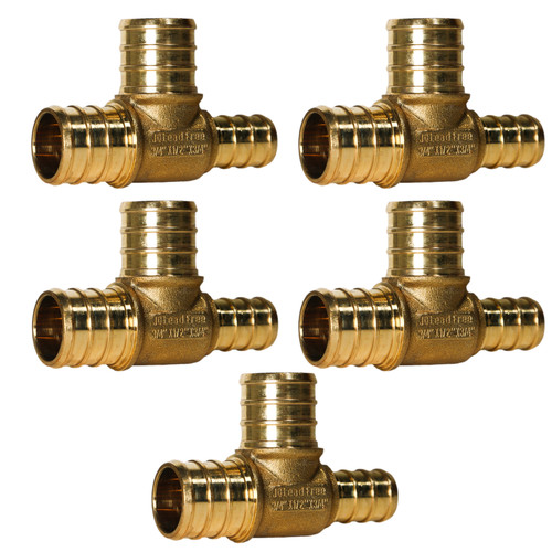 5 Pack  XFITTING 3/4" x 1/2" x 3/4" Pex B Tee, Lead Free Brass, Crimp Fitting