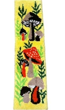 Vintage Latch Hook Mushroom Rug Textile Art 1970s 48” X 12”
