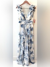 NWT Eliza J Blue Floral Chiffon Ruffle Maxi Gown Dress Size 8