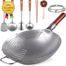 Carbon Steel Wok Traditional Hand Hammered - 13.4" Chinese Woks round Bottom Wok