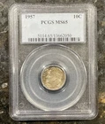 1957 SILVER Roosevelt Dime. PCGS MS-65 Natural Toning