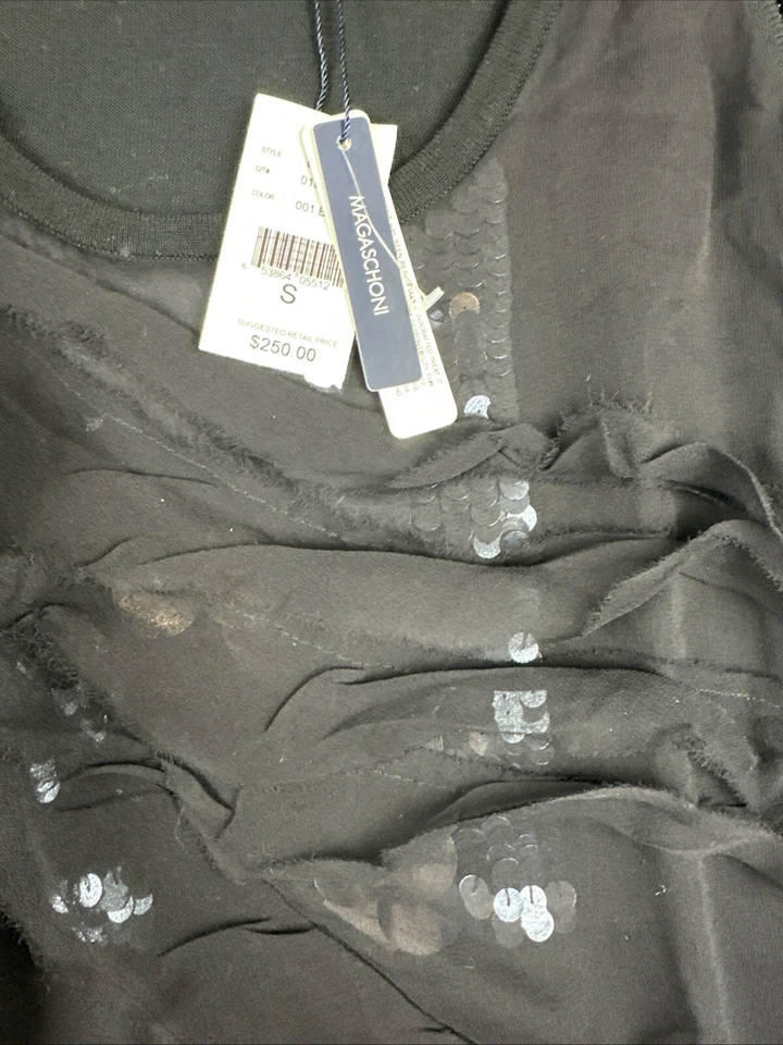 Magaschoni 衬衫女式 S 黑色无袖上衣丝绸混纺荷叶边亮片全新带标签 250 美元 — 第 2/4 张图片