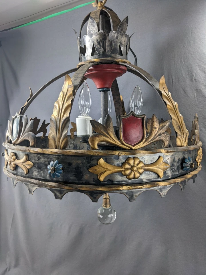 Антикварная полихромная чугунная люстра Arts Crafts Mission 3 лампы рабочая - Изображение 2 из 4