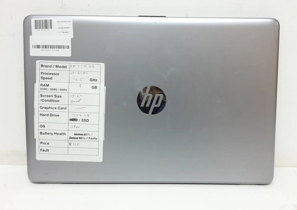 HP 250 G6 - i5-7200U 2.5GHz - 8GB RAM - 15.6" - 256GB SSD - Windows 11 Pro - Image 3 of 4