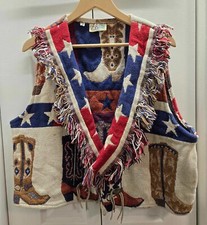 Vintage USA Western Fringe Vest L By It s in the Bag Edmond OK Cowboy Boot Flag