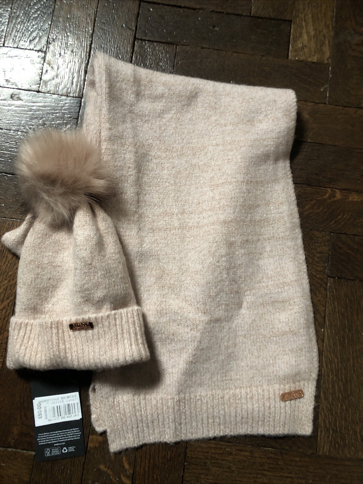 Barbour Beanie & Scarf Set Pink Rose Gold Sparkle Pom Pom Warm Casual Country image 2