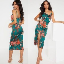 NEW Pretty Little Thing Emerald Green Floral Strappy Satin Cowl Midi Dress