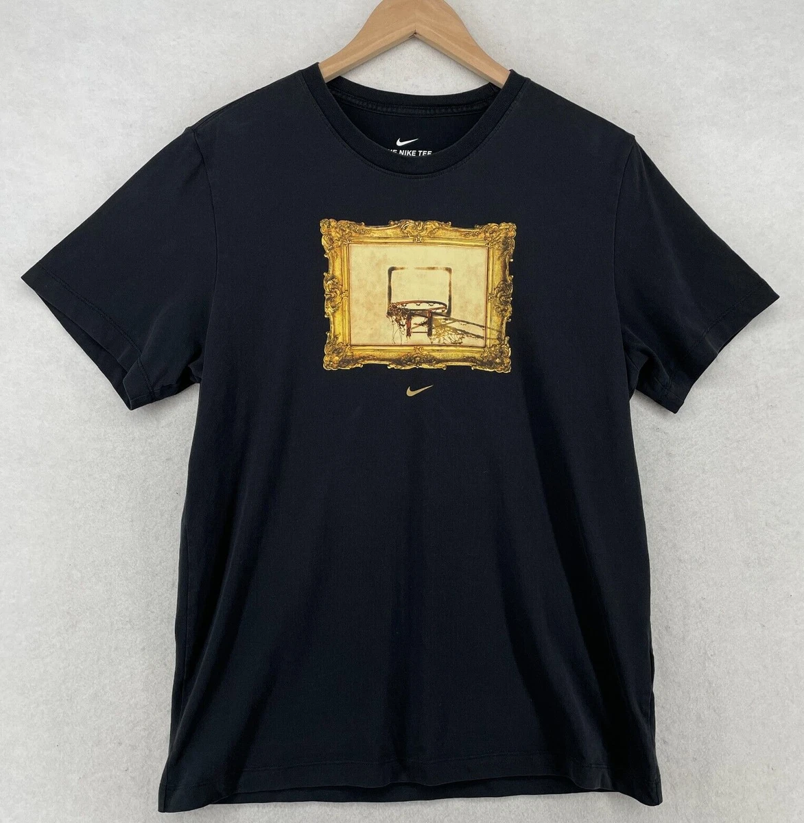 NIKE Shirt Mens M GOLD Frame Backboard Basketball Dri Fit Short Sleeve Black