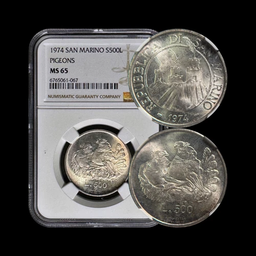 SAN MARINO. 1974, 500 Lire, Silver - NGC MS65 - Pigeons 067