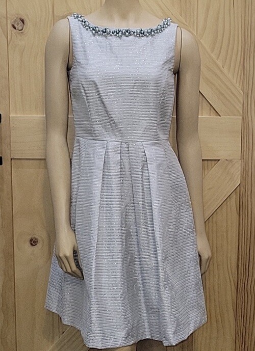 Tahari Light Gray Metallic Sleeveless Pearl Beaded Neck Fit & Flare Dress Sz 12
