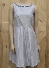 Tahari Light Gray Metallic Sleeveless Pearl Beaded Neck Fit & Flare Dress Sz 12