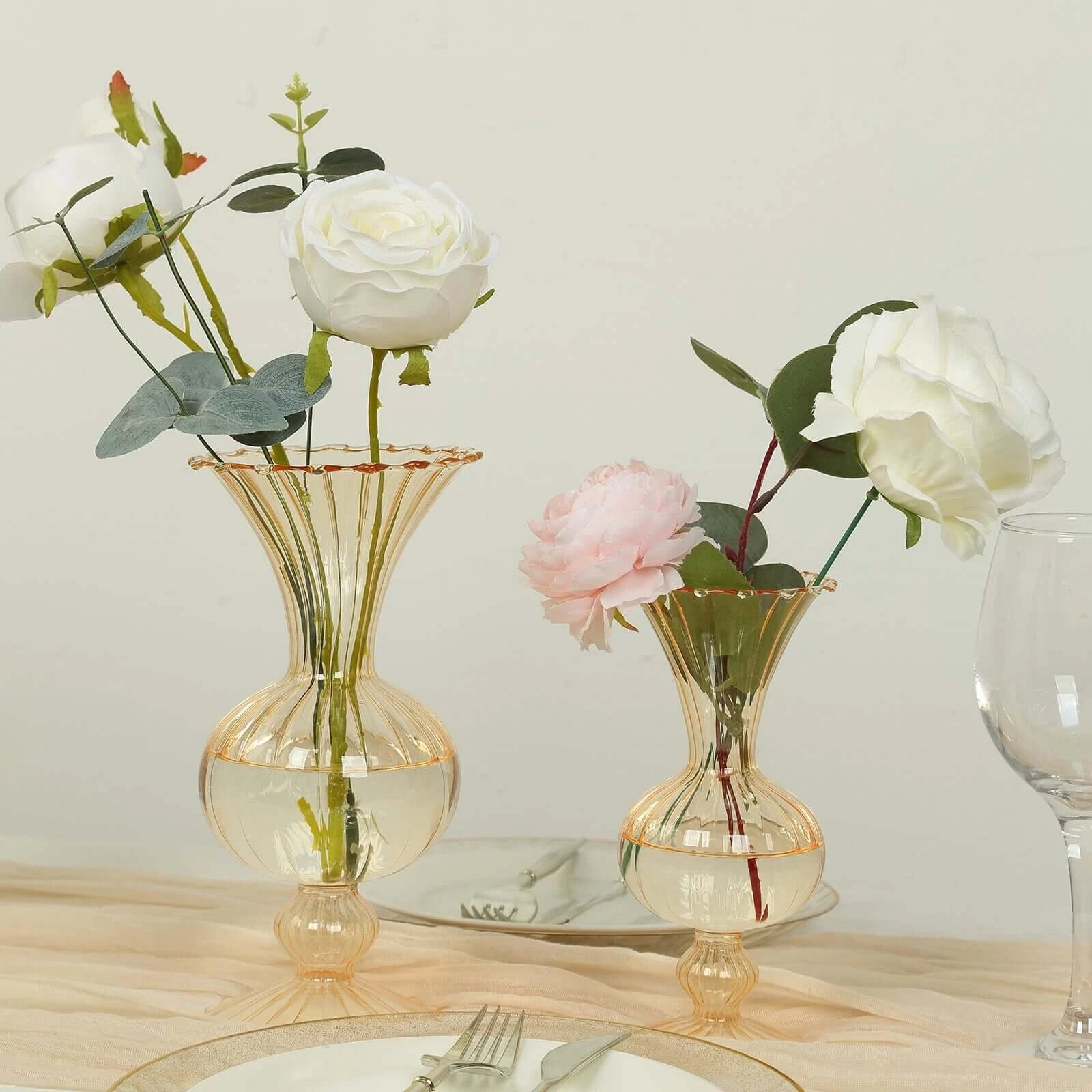 4 AMBER GOLD Nordic Style Glass Flower Vases with Petals Texture Supplies Dinner