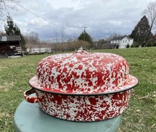 Small Red White Granite ware Roaster Vintage Farmhouse