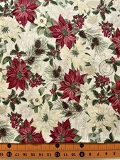 Christmas Fabric Hi-Fashion Merry Poinsettia Red Beige With Metallic YARD