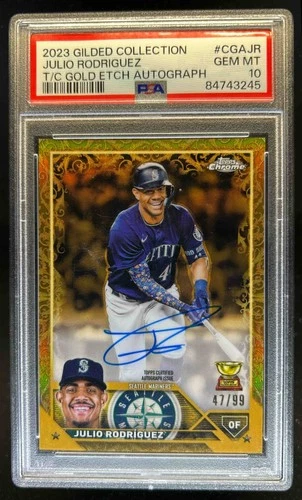 2023 Topps Gilded Collection Julio Rodriguez Chrome Gold Etch Auto #47/99 PSA 10