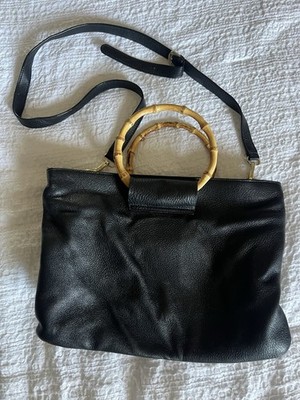 Talbots Black Pebbled Satchel Bamboo Accents Gold Hardware Magnetic Pockets