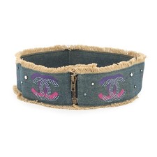 CHANEL CC Logo denim belt Cotton/Rhinestone Blue