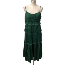 Anthropologie Tiered Midi Dress Womens 10 Green Pleated Ruffle Spaghetti Strap