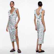 Zara Satin Floral Sleeveless V-Neck Ruffle Trim Side Slit Midi Dress S NWT