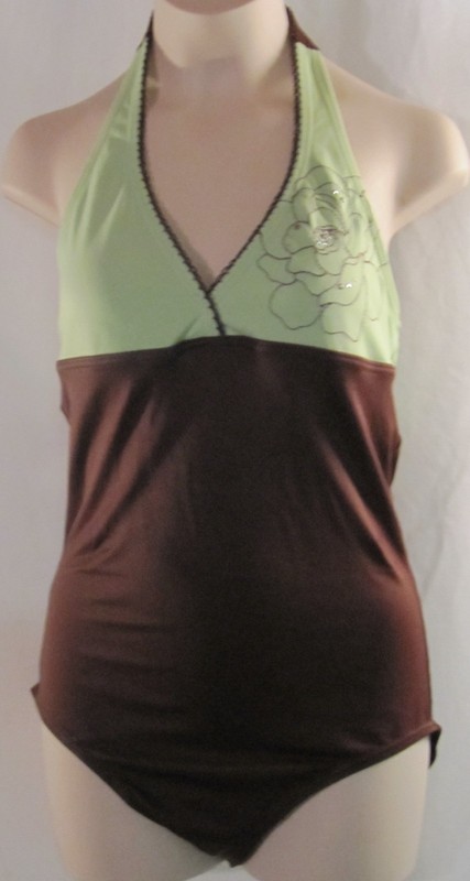 Malibu Dream Girl One Piece Green and Brown Swimsuit with Flower Size 16.5