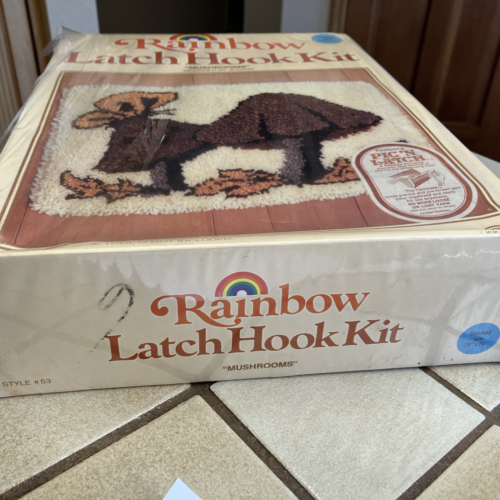 VINTAGE RAINBOW CREATIONS LATCH HOOK KIT "MUSHROOMS" 20" X 27" NEW  SEALED BOX