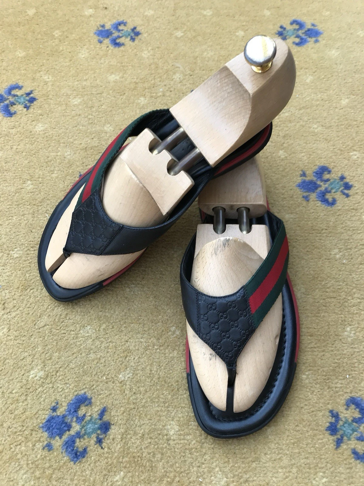 Gucci Sandales Chaussures Cuir String Monogramme Noir Toile Vert Homme US 8 UK 7,5 41,5