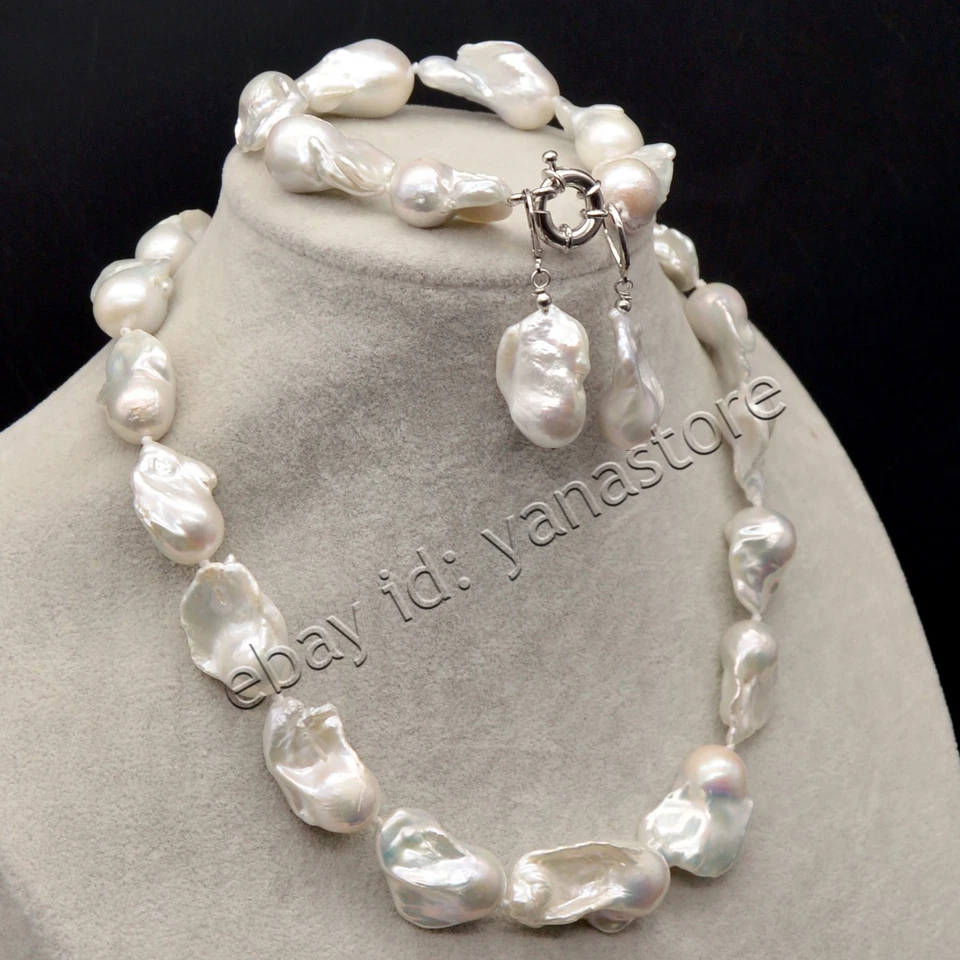 Riesige Natürliche Weiß Südsee Barock Keshi Perle Halskette Armband Ohrringe Set - Bild 4 von 4
