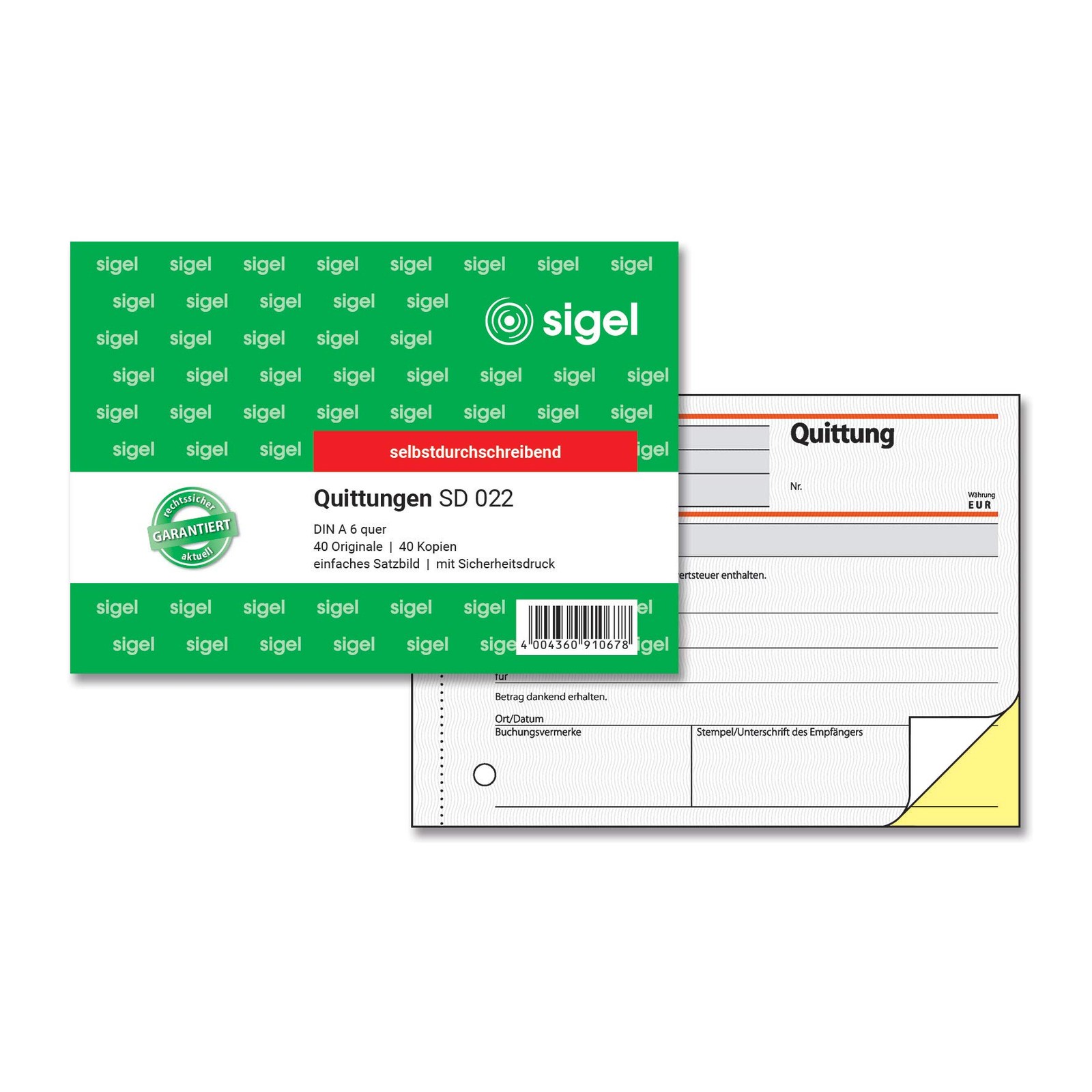Sigel SD022 Invoice Books 'Quittung' A6 Landscape 2x40Blatt Carbonless Block   F