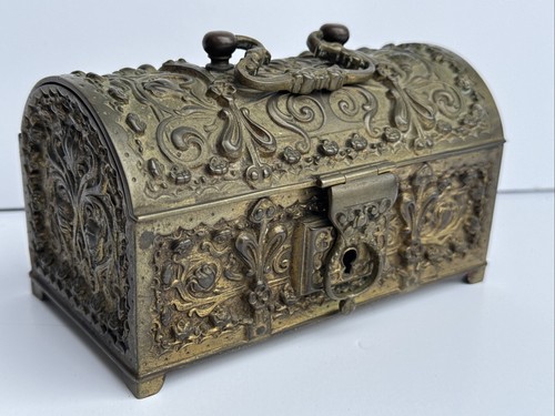 ANTIQUE GERMAN METAL BOX BRONZE BRASS SIGNED HALLMARKED HEAVY CASKET JEWLERY ART