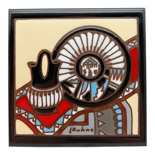 Earthtones L Kuhne Embossed Tile Trivet - 6" vtg 1990s Native American Southwest