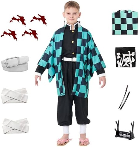 Costume cosplay Tanjiro vestito per Halloween bambini accappatoio con spada adesivo orecchino - Foto 15 di 17